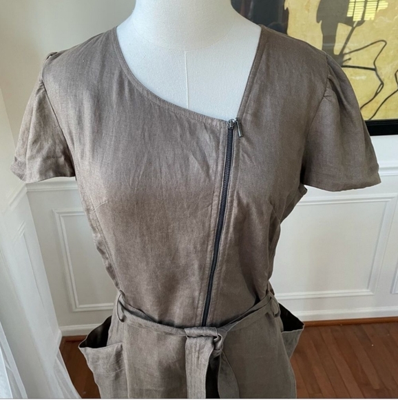 Animale Mocha Linen Asymmetrical Zip Sheath Dress Bucket Pockets 8 modern - Picture 6 of 13